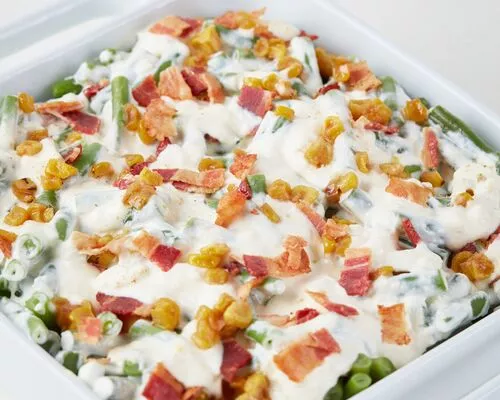 Green Bean Casserole with Candied Corn and Bacon